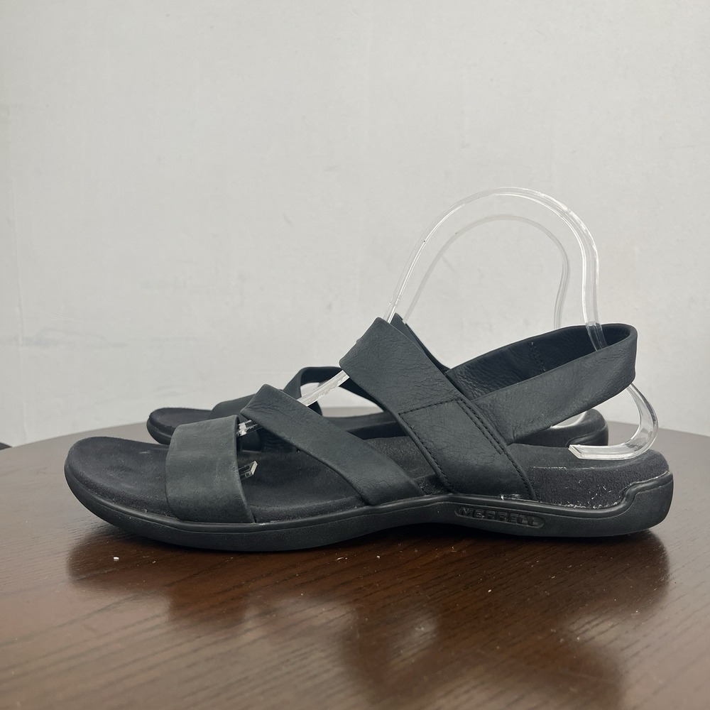 Merrell Sandals Women 10 Black Leather Strappy Slip On Open Toe Outdoor J000480